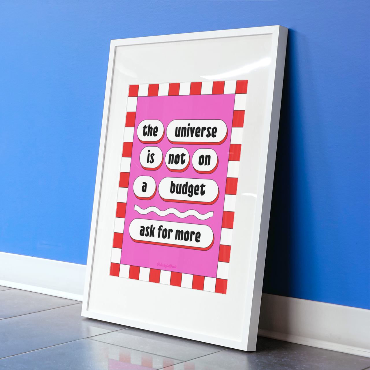 Framed poster with motivational quote on a blue wall